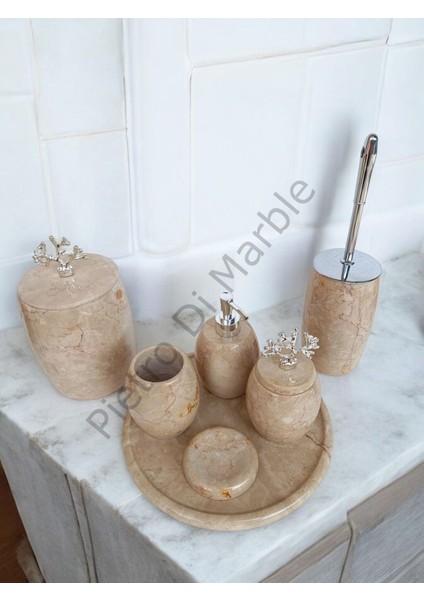 Bej Mermer Oval Model 7 Parça Gümüş Renk Mercan Aksesuarlı Banyo Seti