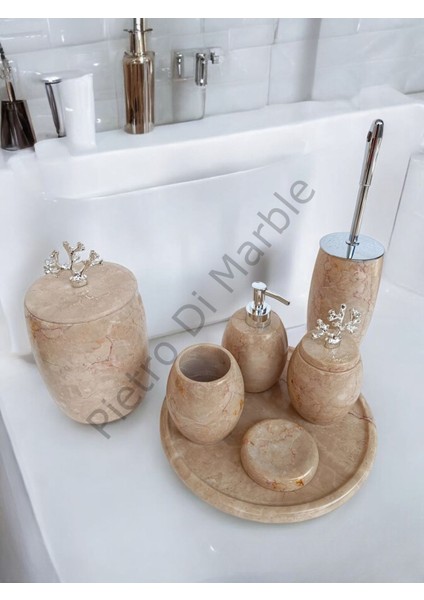 Bej Mermer Oval Model 7 Parça Gümüş Renk Mercan Aksesuarlı Banyo Seti