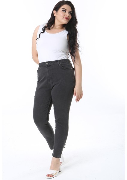 Kadın Büyük Beden Antrasit Yüksek Bel 5 Cepli Likralı Dar Paça Kot Pantolon 65N38285 modelleri