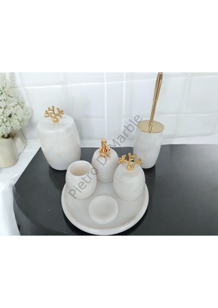 Beyaz Mermer Oval Model 7 Parça Gold Renk Mercan Aksesuarlı Banyo Seti