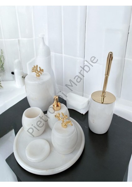 Beyaz Mermer Oval Model 7 Parça Gold Renk Mercan Aksesuarlı Banyo Seti fiyatları