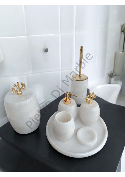 Beyaz Mermer Oval Model 7 Parça Gold Renk Mercan Aksesuarlı Banyo Seti modelleri