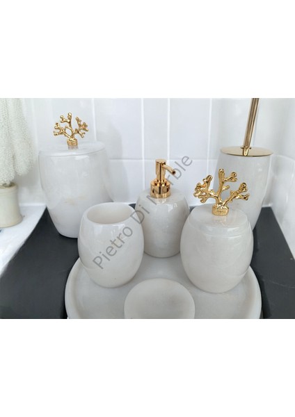 Beyaz Mermer Oval Model 7 Parça Gold Renk Mercan Aksesuarlı Banyo Seti fırsatları