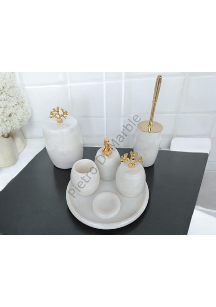 Beyaz Mermer Oval Model 7 Parça Gold Renk Mercan Aksesuarlı Banyo Seti indirimleri