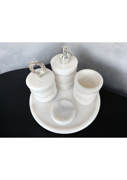 Beyaz Mermer Oval Model 5 Parça Gümüş Renk Halka Aksesuarlı Banyo Seti