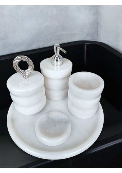 Beyaz Mermer Oval Model 5 Parça Gümüş Renk Halka Aksesuarlı Banyo Seti fiyatları