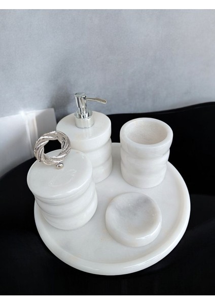 Beyaz Mermer Oval Model 5 Parça Gümüş Renk Halka Aksesuarlı Banyo Seti fırsatları