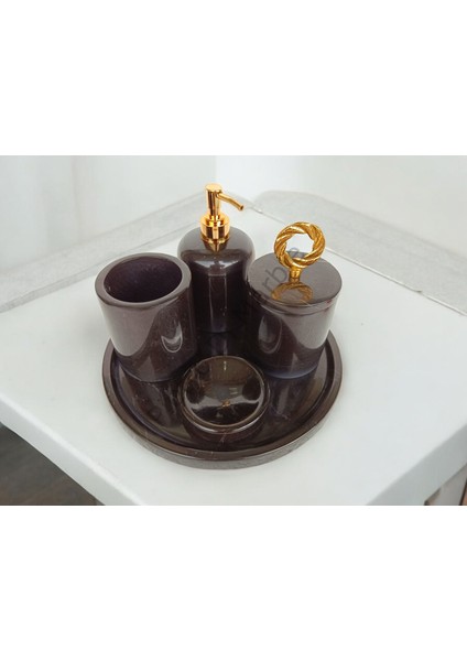 Siyah Mermer Klasik Model 5 Parça Gold Renk Halka Aksesuarlı Banyo Seti