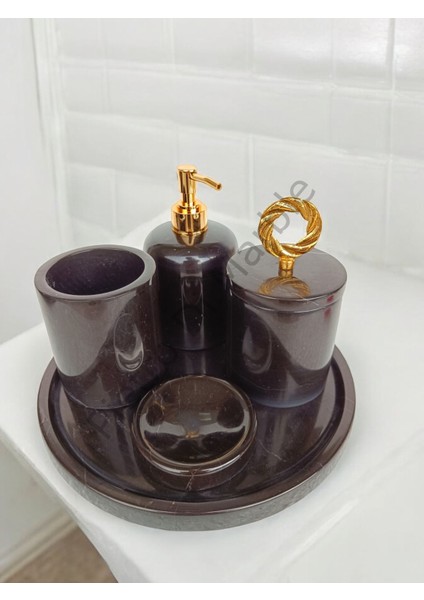 Siyah Mermer Klasik Model 5 Parça Gold Renk Halka Aksesuarlı Banyo Seti