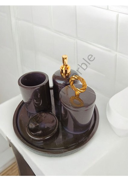 Siyah Mermer Klasik Model 5 Parça Gold Renk Halka Aksesuarlı Banyo Seti