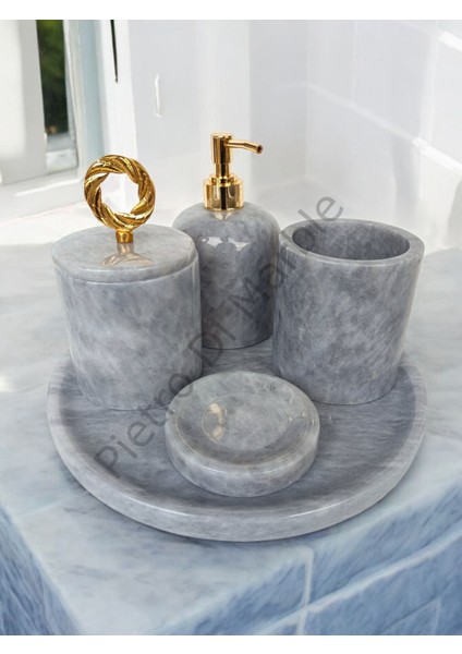Gri Mermer Klasik Model 5 Parça Gold Renk Halka Aksesuarlı Banyo Seti