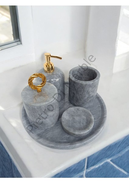 Gri Mermer Klasik Model 5 Parça Gold Renk Halka Aksesuarlı Banyo Seti