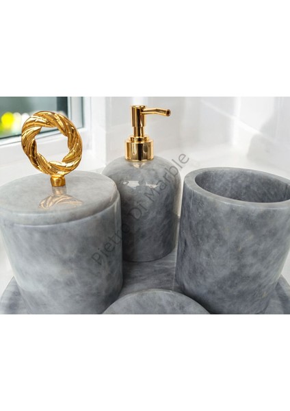 Gri Mermer Klasik Model 5 Parça Gold Renk Halka Aksesuarlı Banyo Seti