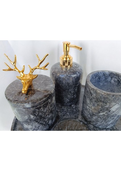 Antrasit Mermer Klasik Model 5 Parça Gold Renk Geyik Aksesuarlı Banyo Seti