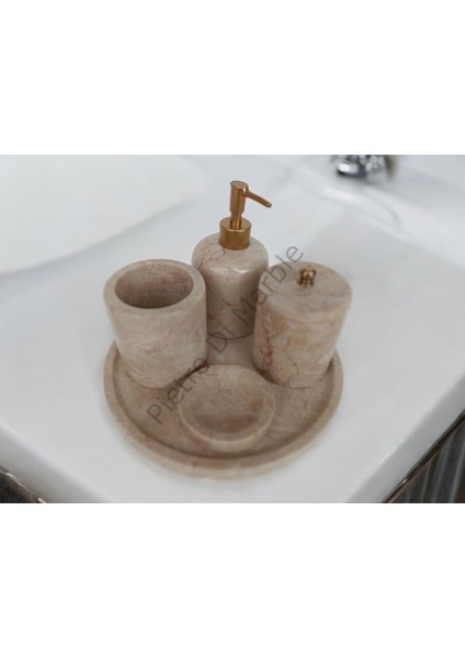 Bej Mermer Klasik Model 5 Parça Mat Gold Renk Düğme Aksesuarlı Banyo Seti