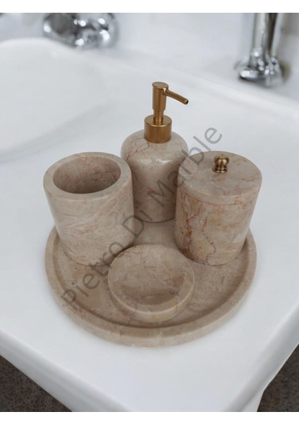 Bej Mermer Klasik Model 5 Parça Mat Gold Renk Düğme Aksesuarlı Banyo Seti