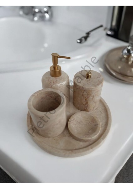 Bej Mermer Klasik Model 5 Parça Mat Gold Renk Düğme Aksesuarlı Banyo Seti