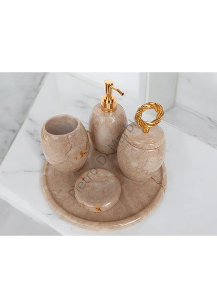 Bej Mermer Oval Model 5 Parça Gold Renk Halka Aksesuarlı Banyo Seti