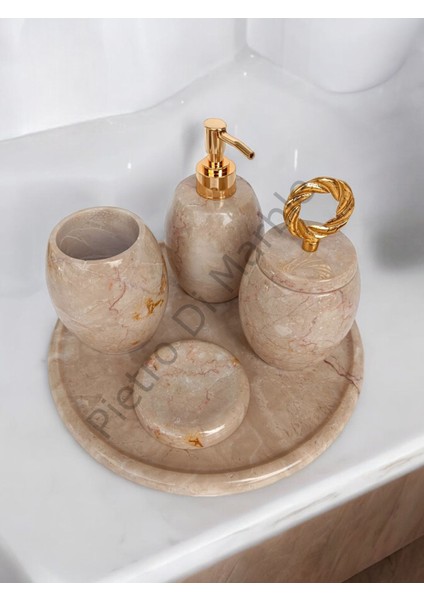Bej Mermer Oval Model 5 Parça Gold Renk Halka Aksesuarlı Banyo Seti