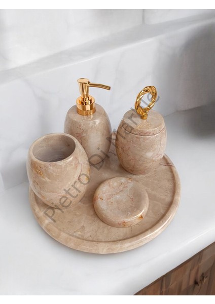 Bej Mermer Oval Model 5 Parça Gold Renk Halka Aksesuarlı Banyo Seti