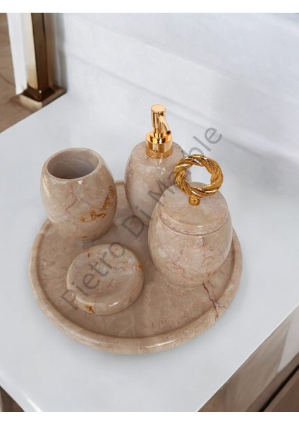 Bej Mermer Oval Model 5 Parça Gold Renk Halka Aksesuarlı Banyo Seti