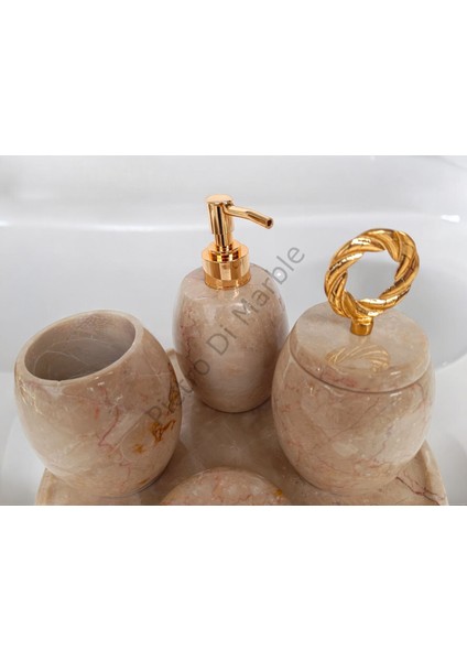 Bej Mermer Oval Model 5 Parça Gold Renk Halka Aksesuarlı Banyo Seti