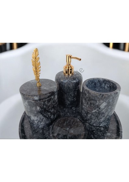 Antrasit Mermer Klasik Model 5 Parça Gold Renk Kuş Tüyü Aksesuarlı Banyo Seti