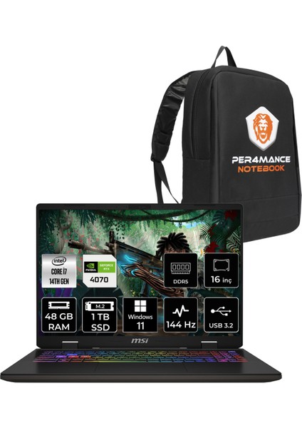 Msı Sword 16 Hx Intel Core I7 14650HX 48GB 1tb SSD RTX4070/8GB 16" Fhd+ 144Hz W11H Taşınabilir Bilgisayar & Per4 Çanta B14VGKG473XTRP368