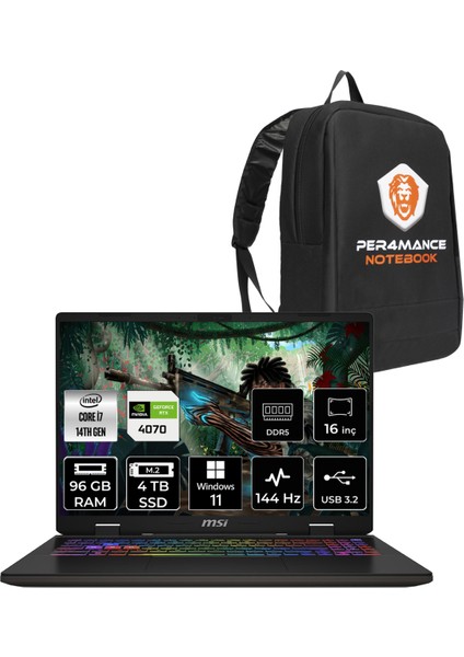 Msı Sword 16 Hx Intel Core I7 14650HX 96GB 4tb SSD RTX4070/8GB 16" Fhd+ 144Hz W11P Taşınabilir Bilgisayar & Per4 Çanta B14VGKG473XTRP420