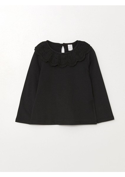 Bisiklet Yaka Uzun Kollu Nakışlı Kız Bebek Tişört