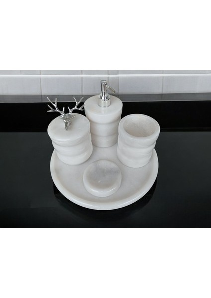 Beyaz Mermer Oval Model 5 Parça Gümüş Renk Geyik Aksesuarlı Banyo Seti
