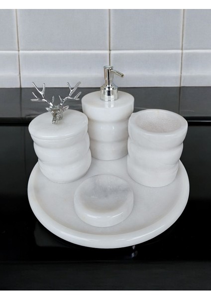 Beyaz Mermer Oval Model 5 Parça Gümüş Renk Geyik Aksesuarlı Banyo Seti fiyatları