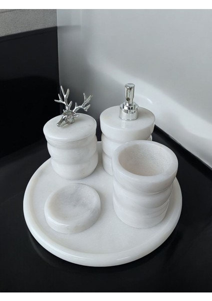 Beyaz Mermer Oval Model 5 Parça Gümüş Renk Geyik Aksesuarlı Banyo Seti modelleri