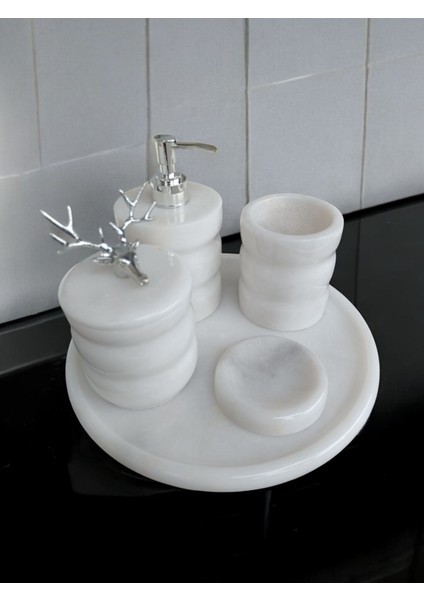 Beyaz Mermer Oval Model 5 Parça Gümüş Renk Geyik Aksesuarlı Banyo Seti fırsatları
