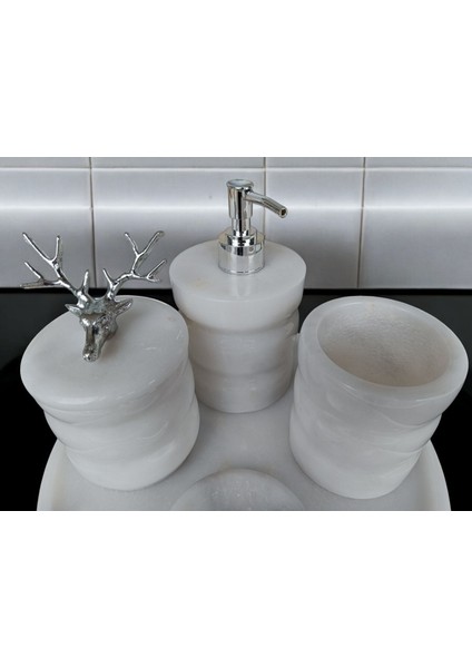 Beyaz Mermer Oval Model 5 Parça Gümüş Renk Geyik Aksesuarlı Banyo Seti indirimleri