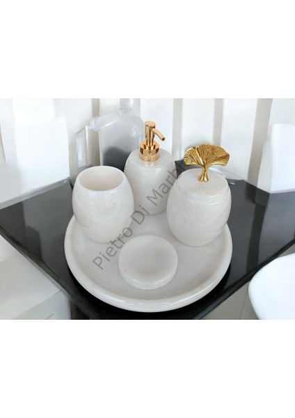 Beyaz Mermer Oval Model 5 Parça Gold Renk Japon Gülü Aksesuarlı Banyo Seti fiyatları