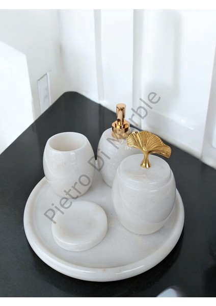 Beyaz Mermer Oval Model 5 Parça Gold Renk Japon Gülü Aksesuarlı Banyo Seti modelleri