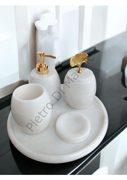 Beyaz Mermer Oval Model 5 Parça Gold Renk Japon Gülü Aksesuarlı Banyo Seti fırsatları