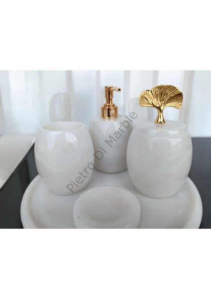 Beyaz Mermer Oval Model 5 Parça Gold Renk Japon Gülü Aksesuarlı Banyo Seti indirimleri