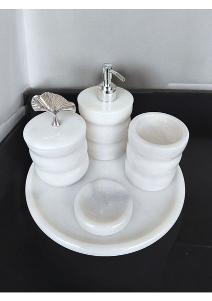 Beyaz Mermer Oval Model 5 Parça Gümüş Renk Japon Gülü Aksesuarlı Banyo Seti fiyatları