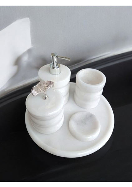 Beyaz Mermer Oval Model 5 Parça Gümüş Renk Japon Gülü Aksesuarlı Banyo Seti fırsatları
