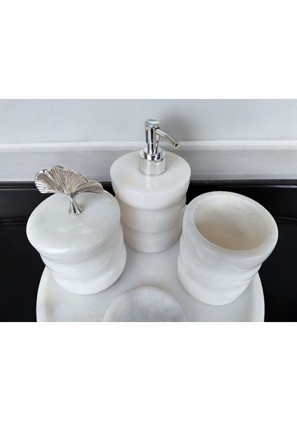 Beyaz Mermer Oval Model 5 Parça Gümüş Renk Japon Gülü Aksesuarlı Banyo Seti indirimleri