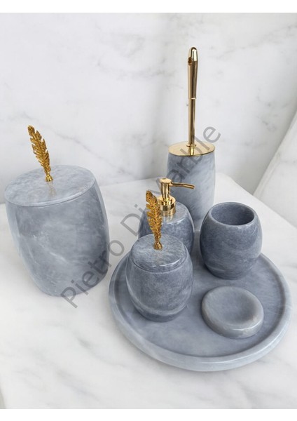 Gri Mermer Oval Model 7 Parça Gold Renk Kuş Tüyü Aksesuarlı Banyo Seti
