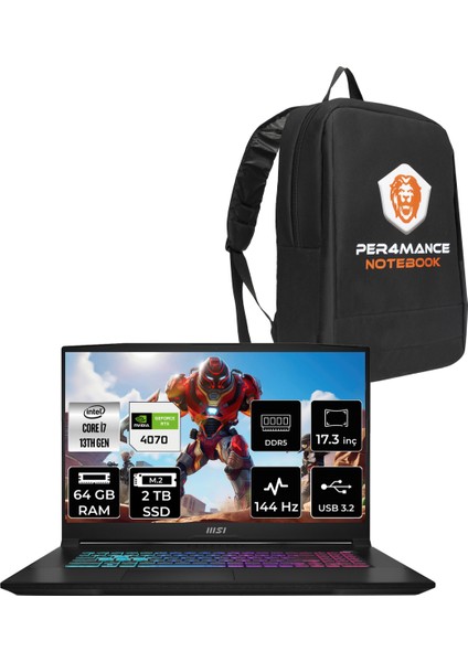 Msı Katana 17 Intel Core I7 13620H 64GB 2tb SSD RTX4070/8GB 17.3" Fhd 144Hz Fdos Taşınabilir Bilgisayar & Per4 Çanta B13VGK1287XTRP334