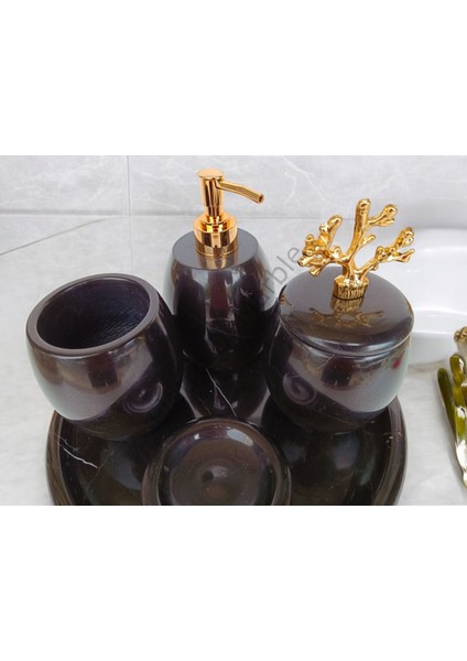 Siyah Mermer Oval Model 5 Parça Gold Renk Mercan Aksesuarlı Banyo Seti