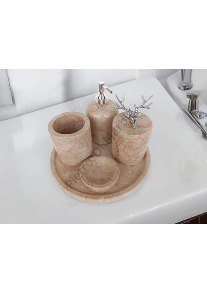 Bej Mermer Klasik Model 5 Parça Gümüş Renk Geyik Aksesuarlı Banyo Seti