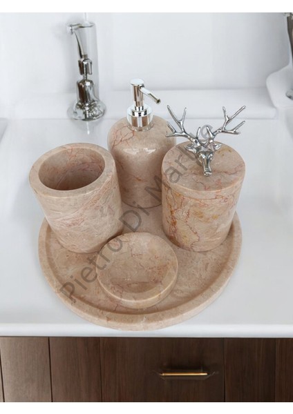 Bej Mermer Klasik Model 5 Parça Gümüş Renk Geyik Aksesuarlı Banyo Seti