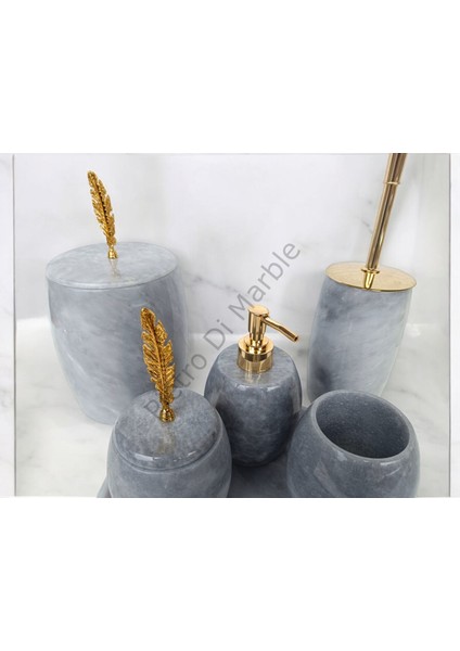 Gri Mermer Oval Model 7 Parça Gold Renk Kuş Tüyü Aksesuarlı Banyo Seti