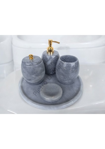 Gri Mermer Oval Model 5 Parça Gold Renk Düğme Aksesuarlı Banyo Seti