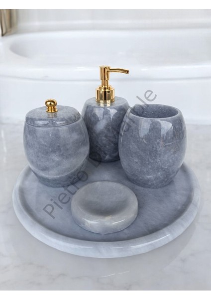 Gri Mermer Oval Model 5 Parça Gold Renk Düğme Aksesuarlı Banyo Seti